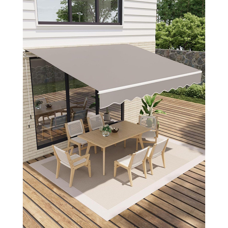 12'x10' Manual Retractable Awning with Crank Handle, Waterproof PU-Coated Polyester, Aluminum Frame for Deck, Patio, Porch, Balcony