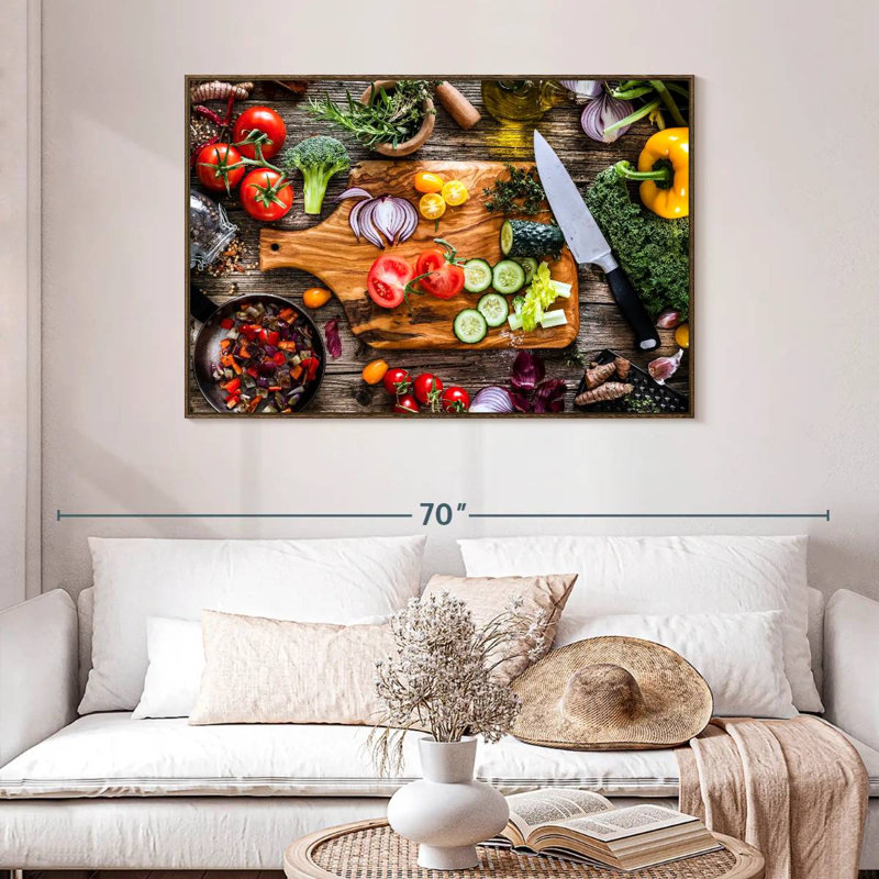 Légumes, ingrédients frais, 46 po x 31 po, Cadre flottant en noyer
