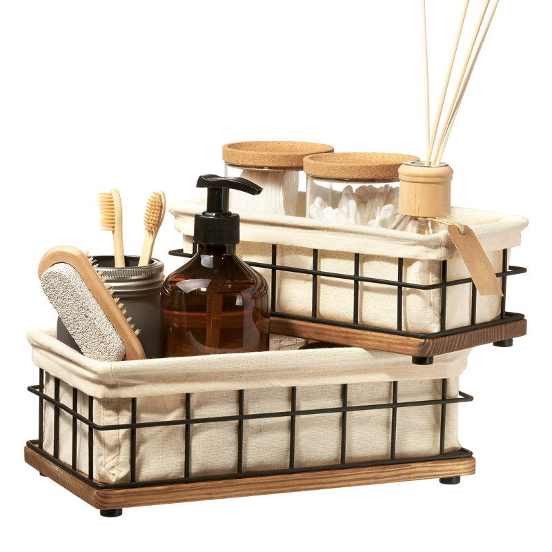  Baobab Workshop Wood and Wire Baskets Set, Bathroom Basket Storage, Walnut/Black