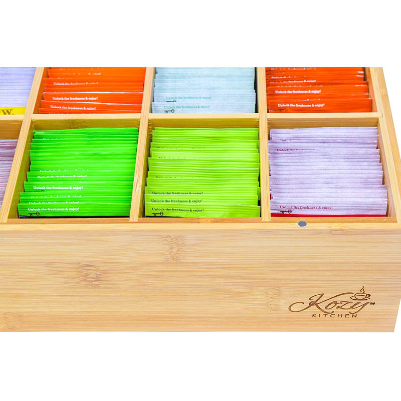 Large Bamboo Tea Box with Clear Hinged Lid and 8 Compartments