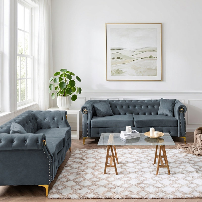 Ensemble de canapé rétro en velours Chesterfield pour le salon, Gris