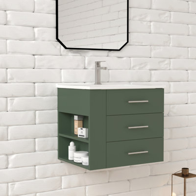 Ensemble de meuble-lavabo mural simple 24 po Aurilla avec comptoir en céramique blanc vert forêt et tablette de gauche Aurilla