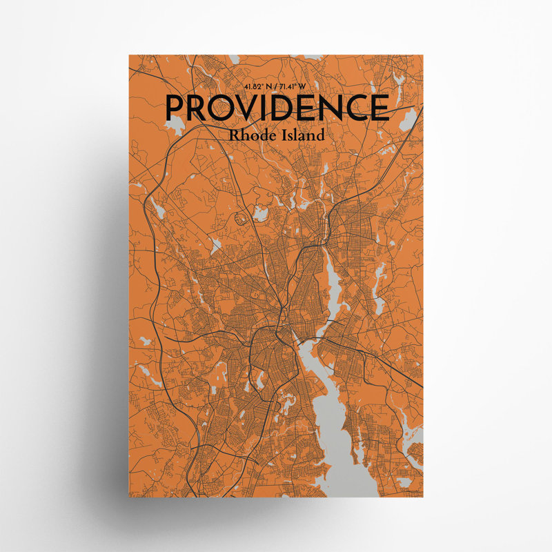 Providence, carte de la ville, impression, Orange et gris, H 36 po x l 24 po