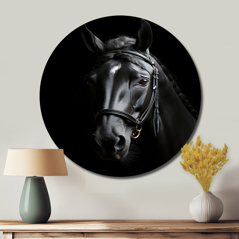 Cheval noir et blanc élégance - animaux, art rond en métal, H 36 po x l 36 po
