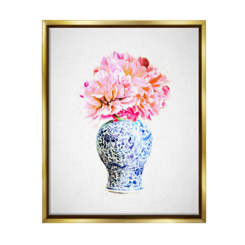 "Dahlia avec cadre flottant dans un vase oriental" sur, Cadre flottant métallique doré, H 21 po x l 17 po