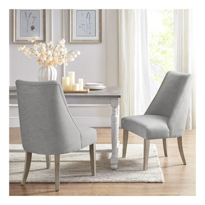 Ensemble de 2 chaises de salle à manger rembourrées gris clair avec dossier haut et pieds en bois de Biscuit récupéré