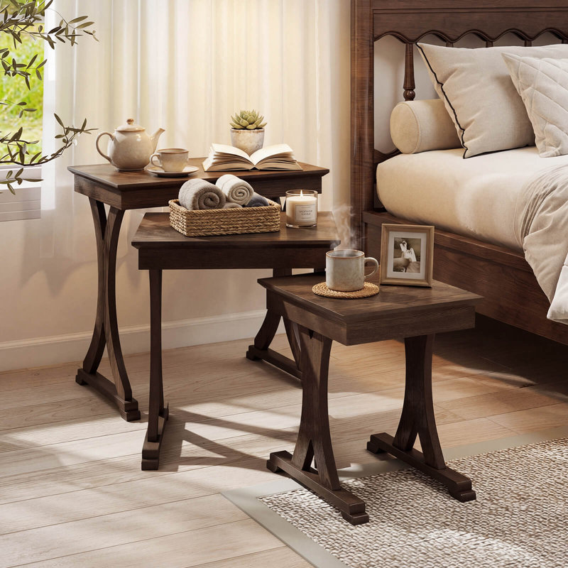 3PCS Nesting Coffee Table, Side Table with Solid Rubber Wood Legs for Living Room