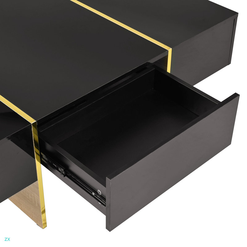 Table basse 47,2 po x 31,4 po minimaliste ultra-brillante avec 2 tiroirs, table de canapé rectangulaire multi-rangement avec pieds en grain, table de centre moderne pour le salon