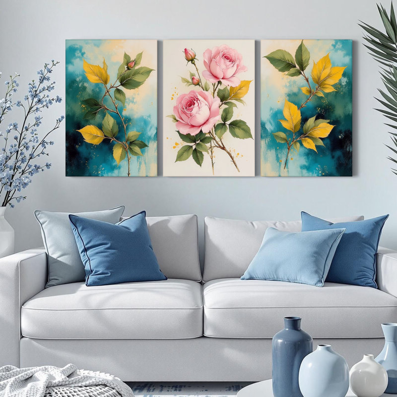 Roses et feuilles, art mural sur toile, reproduction de peinture à l'huile (ensemble de 3), H 24 po x l 48 po