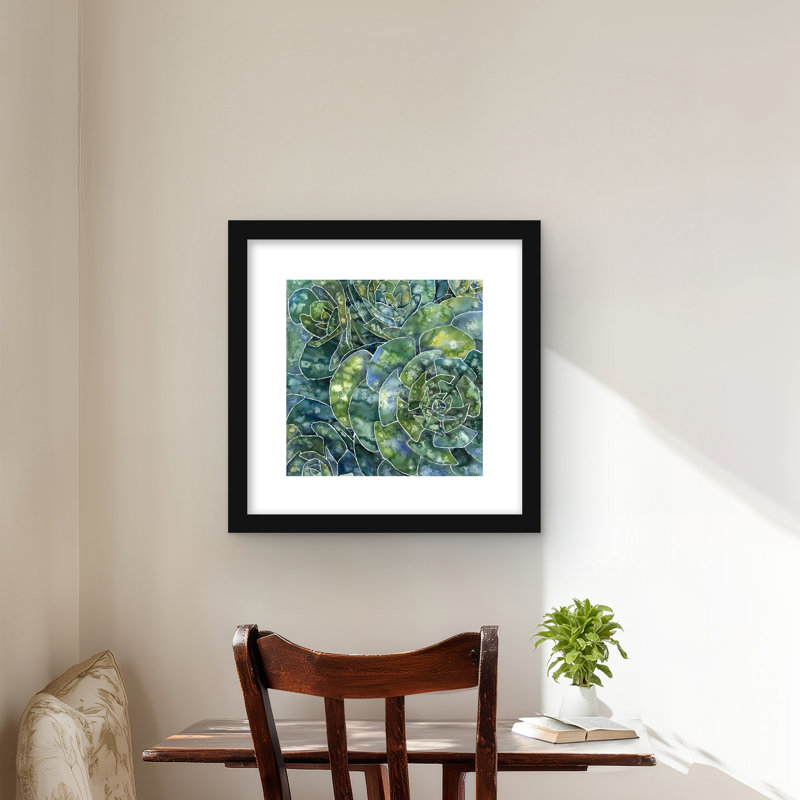 Abstract Succulents - Floral Botanical Leaves, reproduction encadrée, Noir, H 16 po x l 16 po