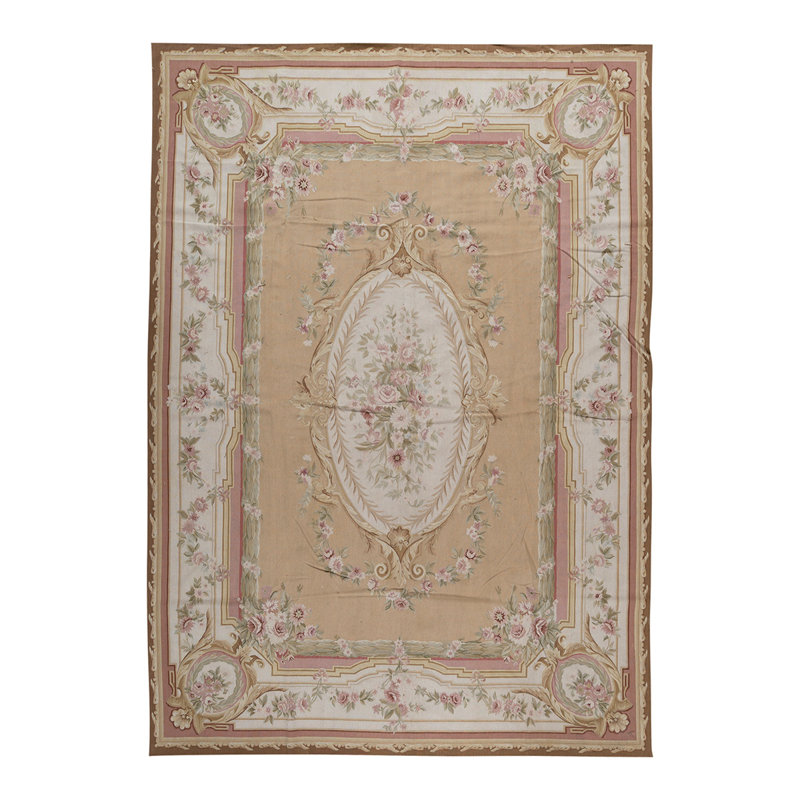 Tapis unique beige / crème / rose noué à la main de haute qualité