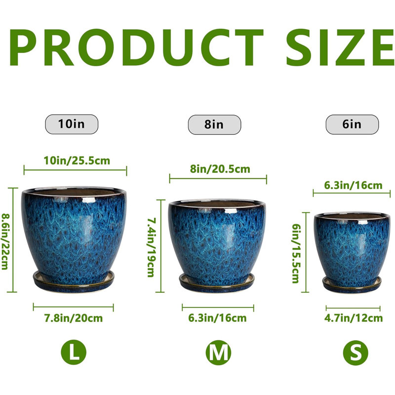 Ensemble de 3 pots à plantes en céramique 10 po, 8 po, 6 po avec trous de drainage et soucoupes bleu