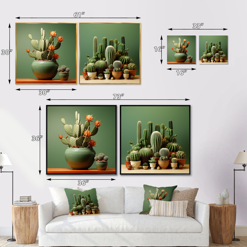 Cactus Jade Juxtaposition - Cactus carré, ensemble de 2 collages, Cadre flottant noir, H 16 po x l 33 po