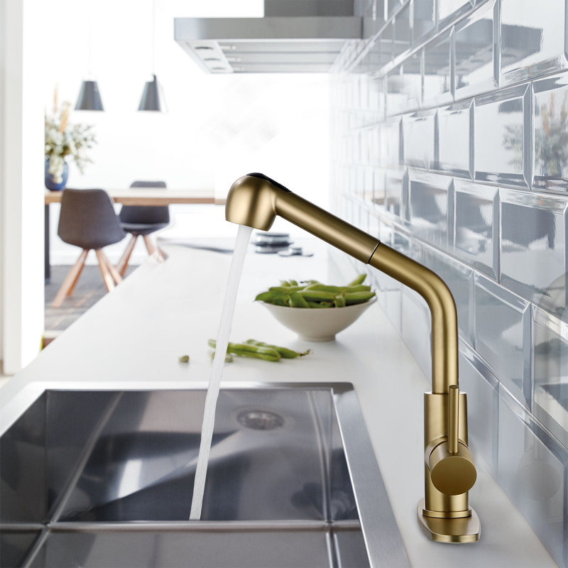 Pull Down Single Handle Kitchen Faucet with Accessories, Brushed Gold