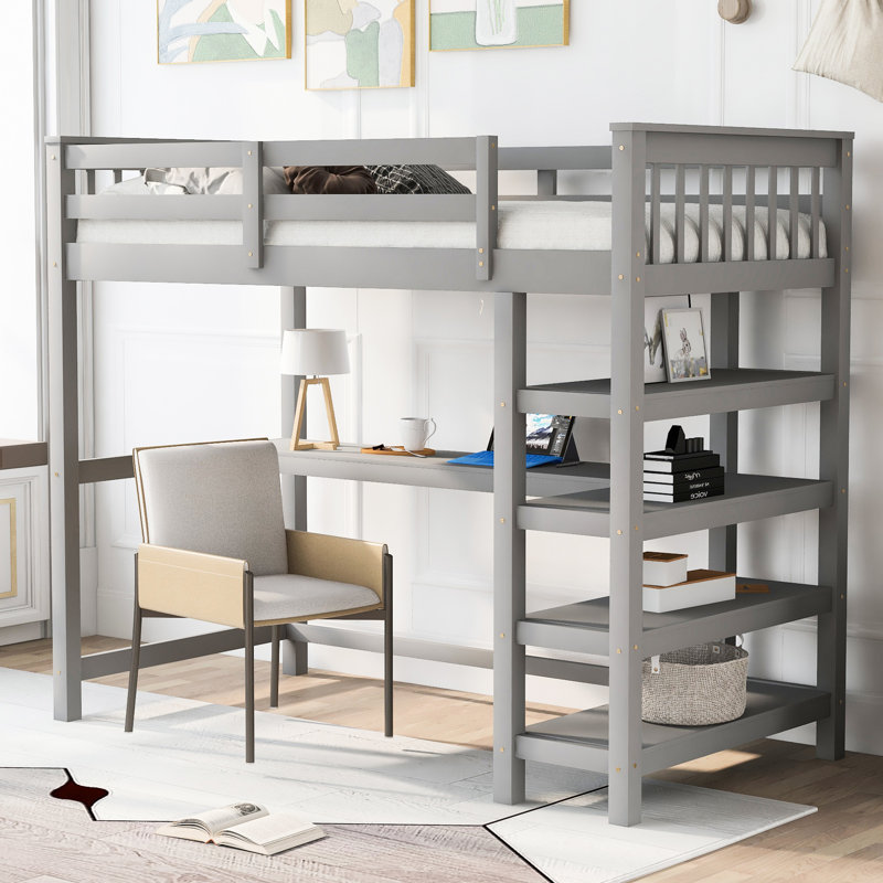 Lit mezzanine simple gris avec rangement et bureau - Fabrication en bois massif pour l'espace dans les tablettes, Lit simple