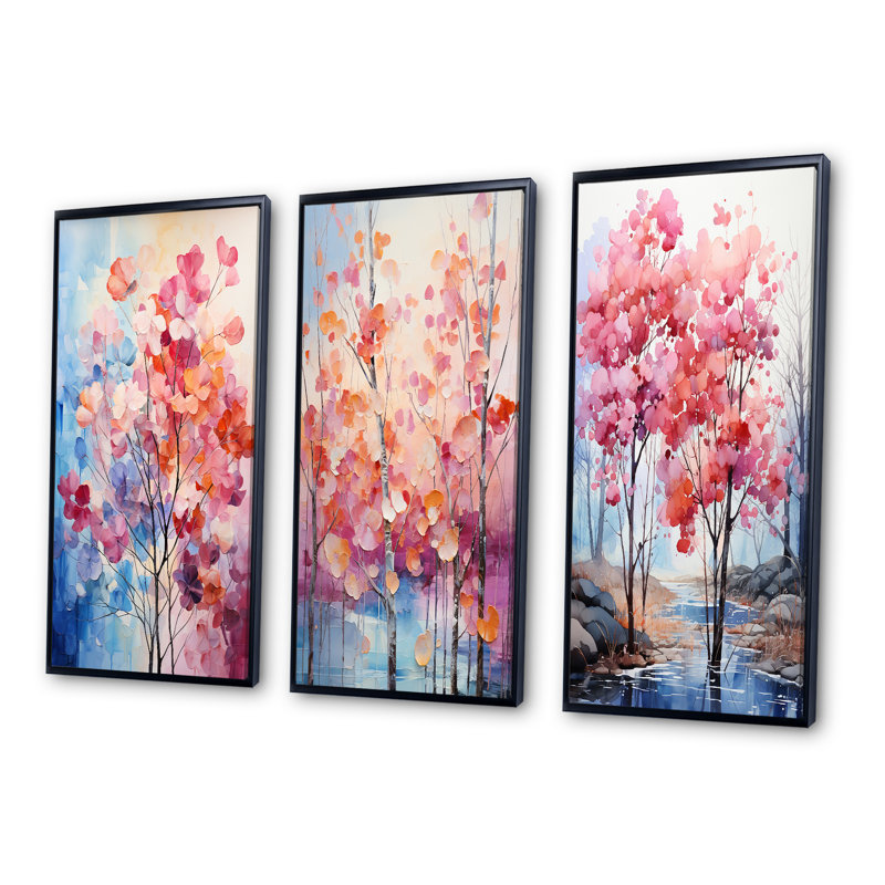 «Pink and Blue Trees Field Pointillism VI», 3 pièces sur toile, Cadre noir, H 28 po x l 36 po