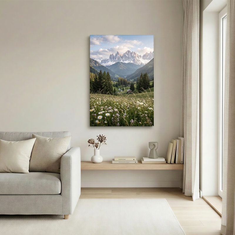 Art sur toile, montagnes enneigées sur forêt verte et fleurs sauvages, H 18 po x l 12 po