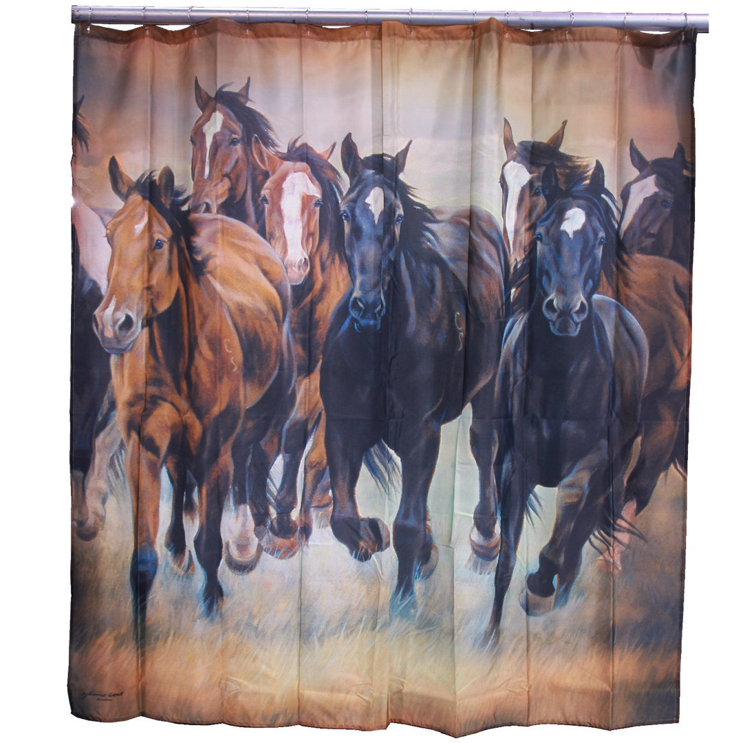 Western Running Horse Wild Mustang Herd Farmhouse Country Themed Decorative 72" Shower Curtain De Leon Collections