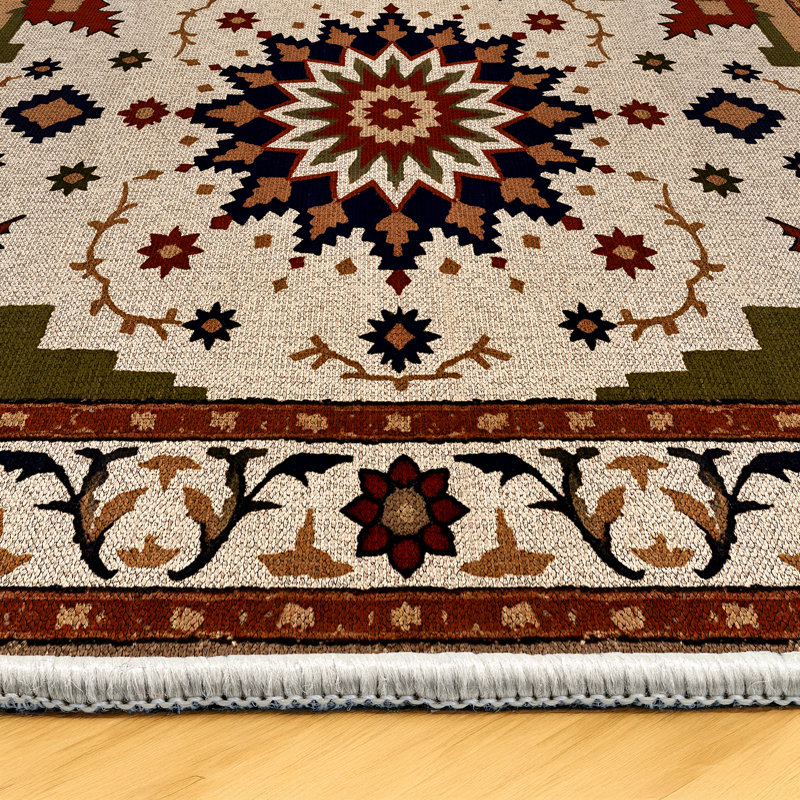 Madeline Collection Digital Print Cotton-Polyester Brown Beige Moroccan Rug, Runner 4' x 13'2"