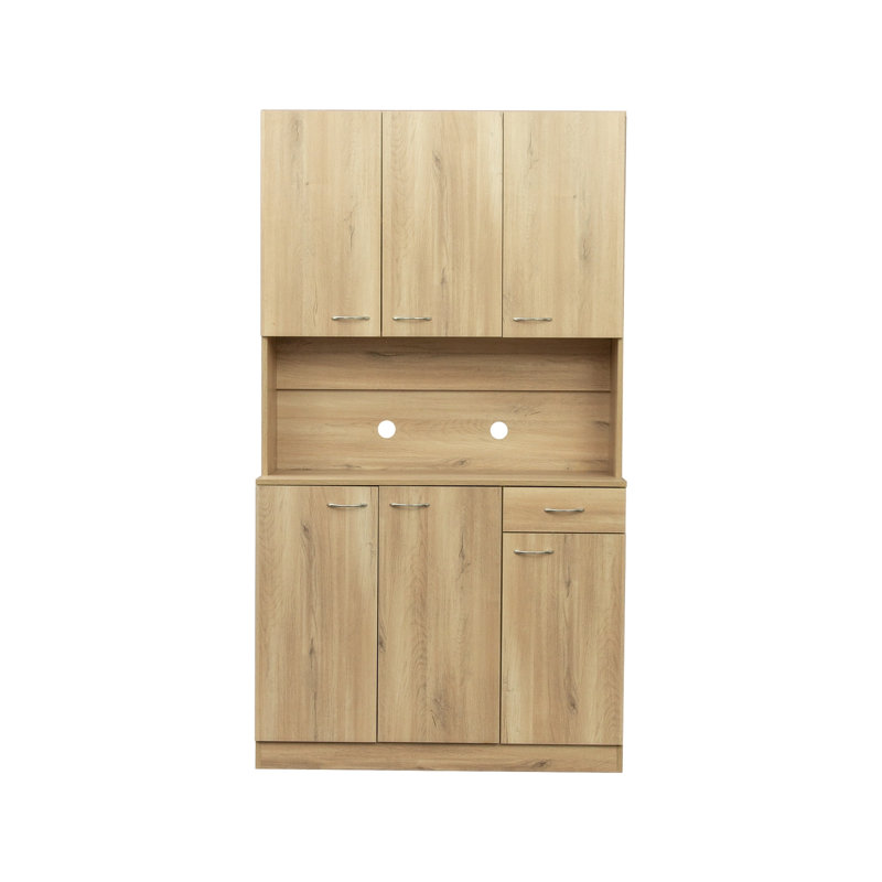 Tall Wardrobe& Kitchen Cabinet, with 6-Doors, 1-Open Shelves and 1-Drawer, Oak
