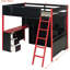 Lit mezzanine double en bois avec bureau, grand espace de rangement et lumière, rouge