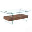 Table basse moderne à deux niveaux - Verre trempé transparent, texture grain de bois et design de rangement multifonctionnel avec tiroir-1377022043