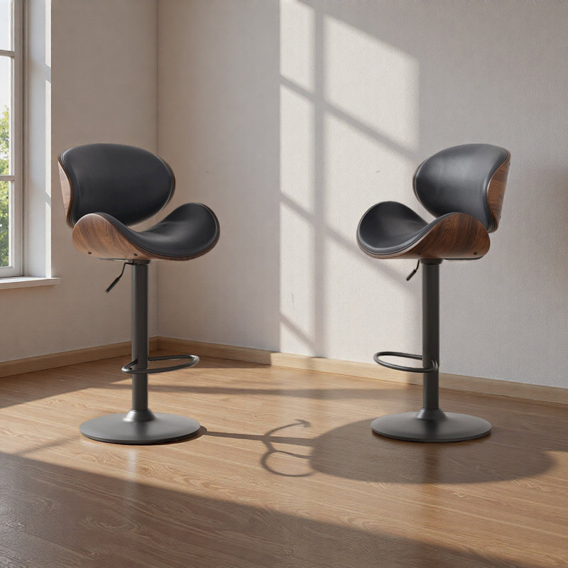 Ensemble de 2 tabourets de bar pivotants en bois cintré à hauteur réglable avec siège, dossier et repose-pieds en similicuir, comptoirs de cuisine modernes pour bar, salle à manger
