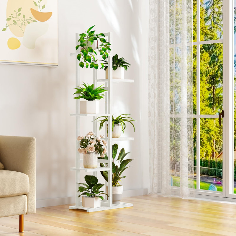 Étagère d'angle à 6 niveaux en bambou pour plantes, tablette d'intérieur haute pour plusieurs plantes, White