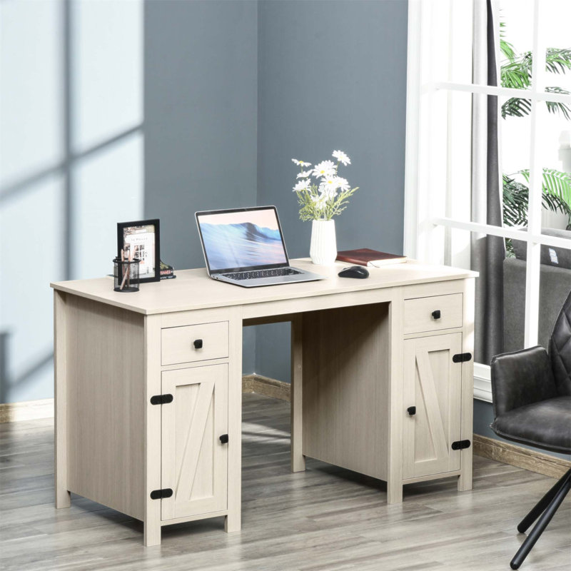 Bureau d'ordinateur de ferme avec rangement, 2 tiroirs, 2 armoires et tablettes réglables pour le bureau personnel, crème
