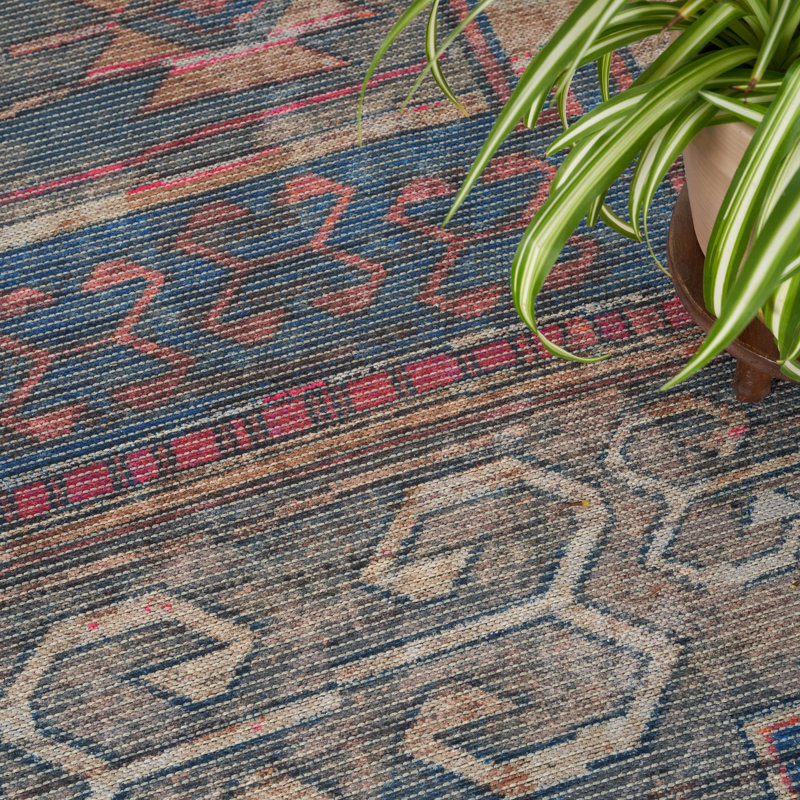 Machine Washable Southwestern Blue/Red Area Rug, Rectangle 9'2" x 12'