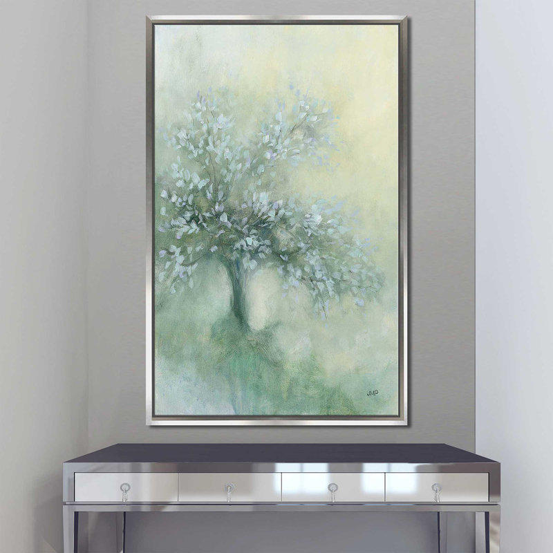 «Subtle Tree I» par Julia Purinton - Peinture, Cadre flottant argent, H 51,5 po x l 31,5 po x P 2 po