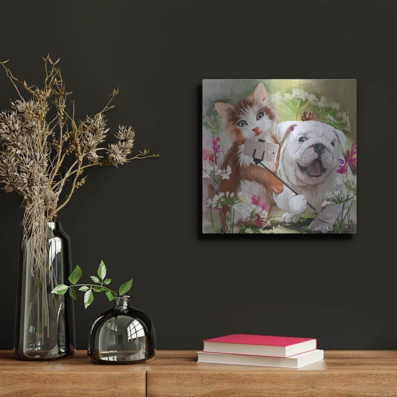 «Cat and Dog Pose For A Selfie» par Kajenna Art, art mural en métal, 12 po x 12 po, H 12 po x l 12 po