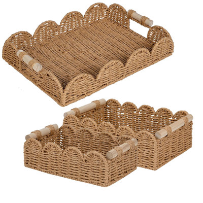 Ensemble de 2 paniers de rangement en corde de papier + plateau décoratif festonné, avec poignées en bois pour table basse, salle de bain au-dessus de la toilette, chambre à coucher, salon, cadeaux des Fêtes et pendaison de crémaillère
