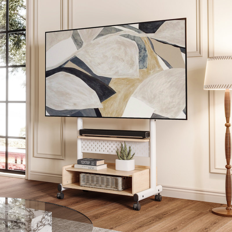 Charrisse Rolling TV Stand with Integrated Mount and Wood Storage Shelf, White