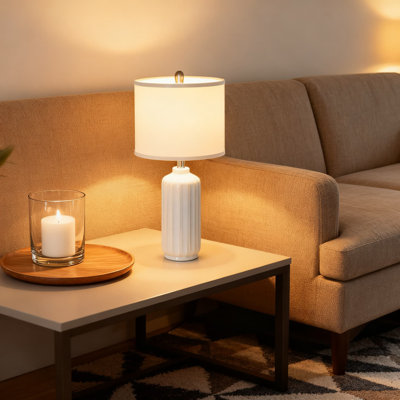 Set Of 2 Farmhouse Table Lamps With Linen Shade, 25-Inch Height Ceramic Body With Vertical Stripe Design, Includes Dimmable Bulb For Living Room And Bedroom