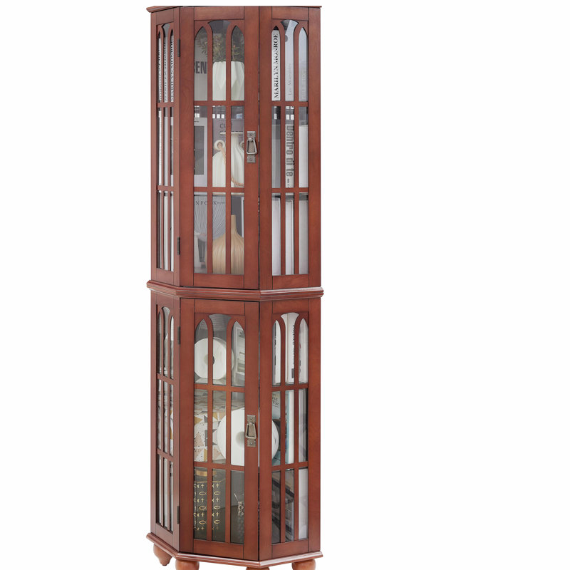 Vitrine de coin avec 4 tablettes réglables en verre trempé et système d'éclairage, pieds en bois massif, panneau arrière en miroir en acrylique (ampoule E26 non incluse)