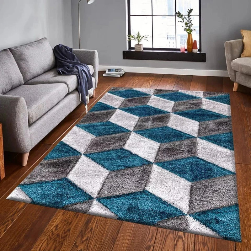 Shaggy Rug Emerald Large Living Room Carpet & Extra Long Hallway Runner Modern Geometric Non Slip Bedroom Area Rug