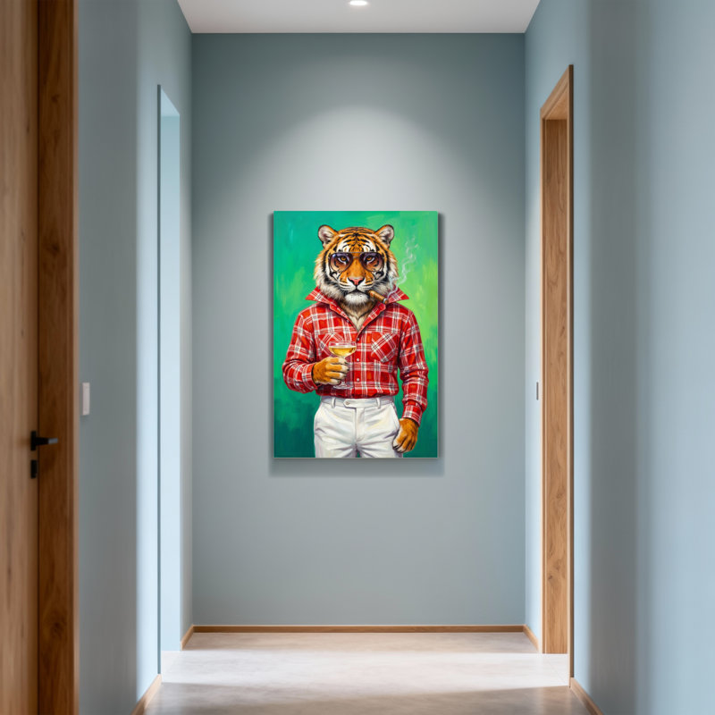 Animaux, tigre portant des lunettes et un chandail tenant une boisson, H 40 po x l 28 po