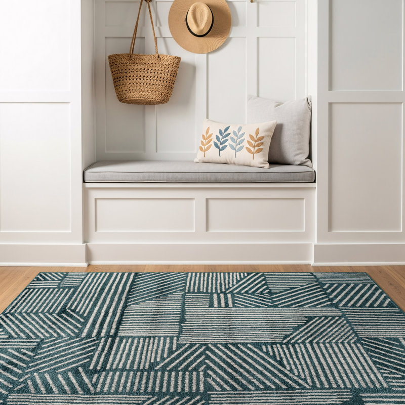 Rambo Geometric Black/Ivory Area Rug, Rectangle 3' x 5', Teal