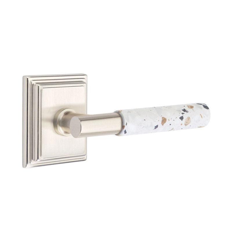 Mortaise intérieure Emtek Select avec rosette Wilshire et tige en T, levier Terrazzo clair, Nickel satiné, Oui