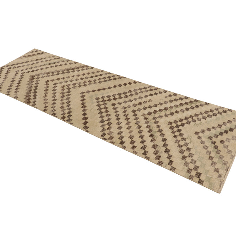 Vintage Distressed Runner Rug, Beige-Brown Geometric Patterns – Rug & Kilim