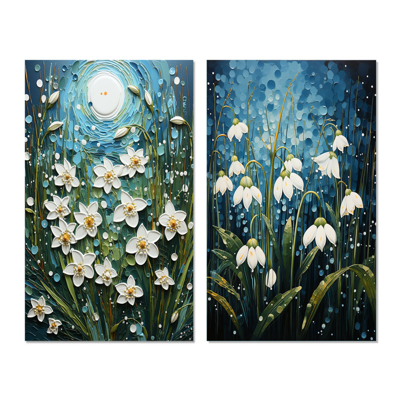 «White Snowdrops Field Pointillism», 2 pièces, H 24 po x l 20 po, Toile tendue