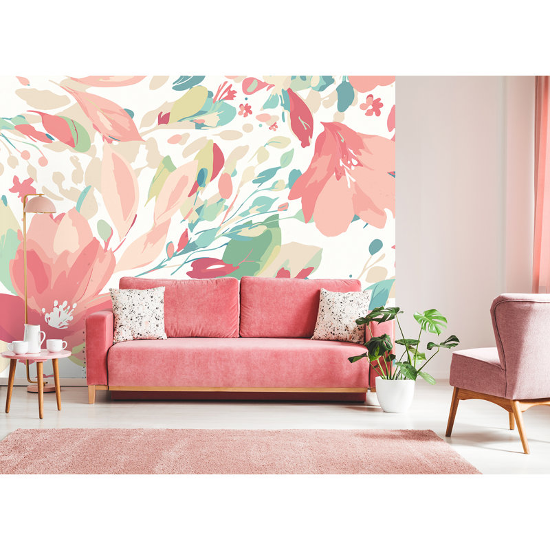 Murale fleurs fluides corail, Blanc