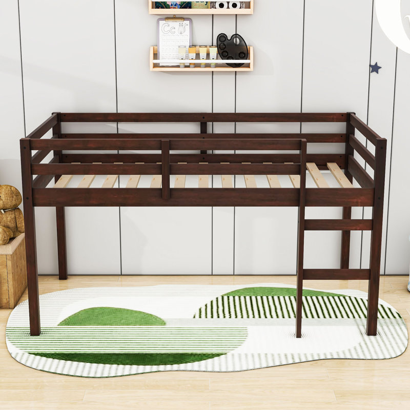 Twin Wooden Loft Bed With Ladder And Slats, Espresso