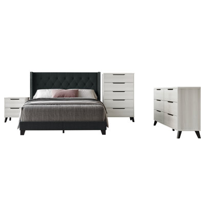Castle Place King Wingback Bedroom Set with Nightstand, Dresser and Chest, Charcoal Grey Linen