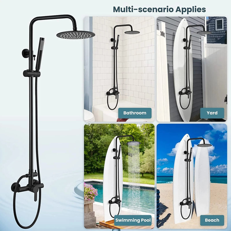 Matte Black 8" Rain Shower Faucet set Exposed Shower System Kit with Hand Shower, Matte Black, Lever