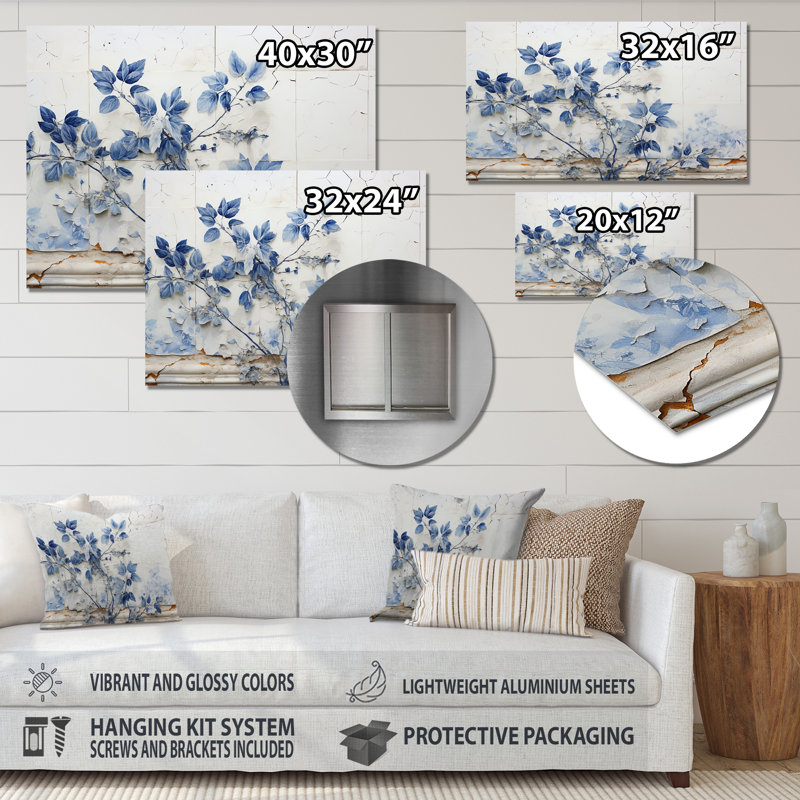 Art mural rétro fleur bleue rétro sur mur blanc, Métal métal, H 16 po x l 32 po x P 1 po