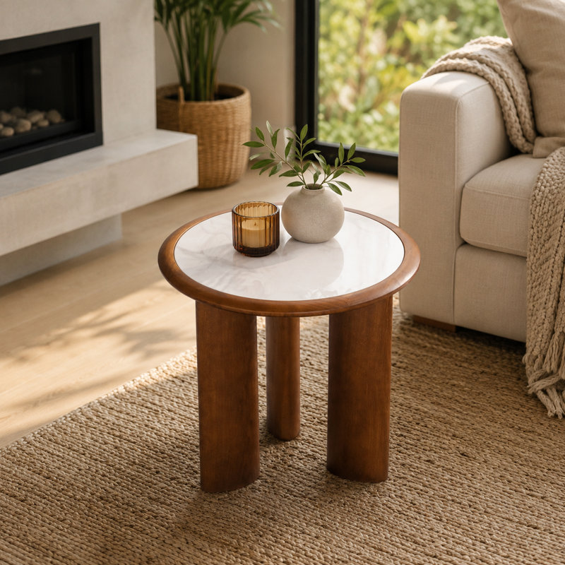 Table basse ronde en pierre frittée de 19,69 pouces avec bordure en bois massif et pieds de colonne en panneau de fibres à densité moyenne. Style moderne et minimaliste, adapté aux salons et aux appartements.