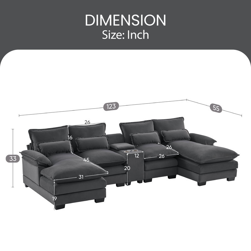 Canapé modulaire Akeela, Velours gris, H 33,40 po x l 123 po x P 55 po