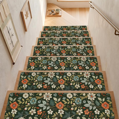 15 tapis d'escalier et 1 tapis d'atterrissage, tapis d'escalier floral antidérapant pour les marches en bois, tapis de marche intérieur en caoutchouc lavable à la machine, tapis d'escalier 8 po x 30 po et 30 po x 30 po, vert